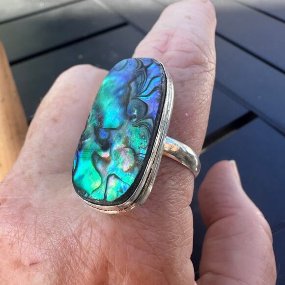 Abalone Shell Sterling Silver Plated Ring – Size 13 Statement Jewelry - Picture 11 of 11